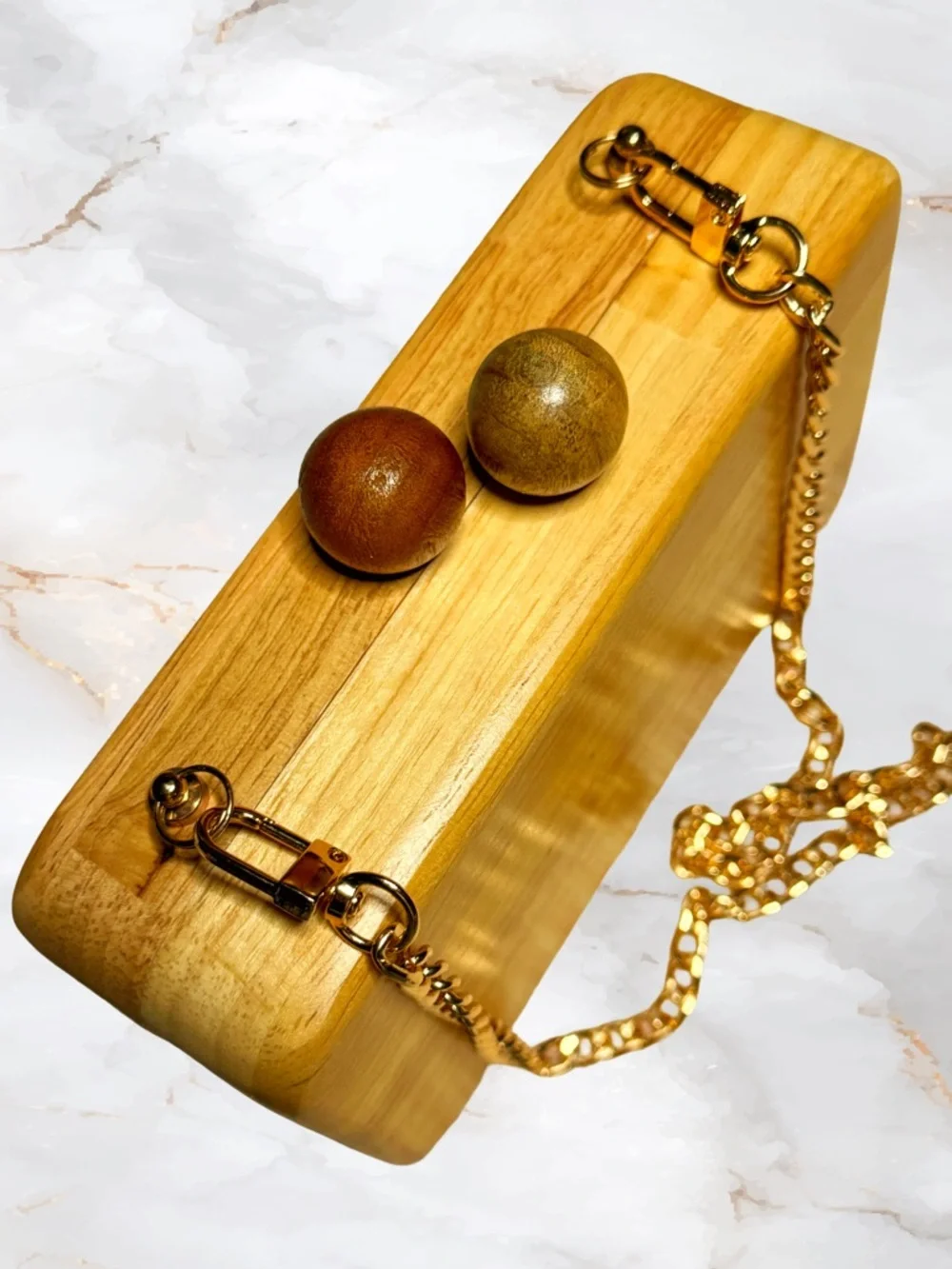 Unique Wooden Box Kisslock Clutch with Gold Chain by Inge Christopher